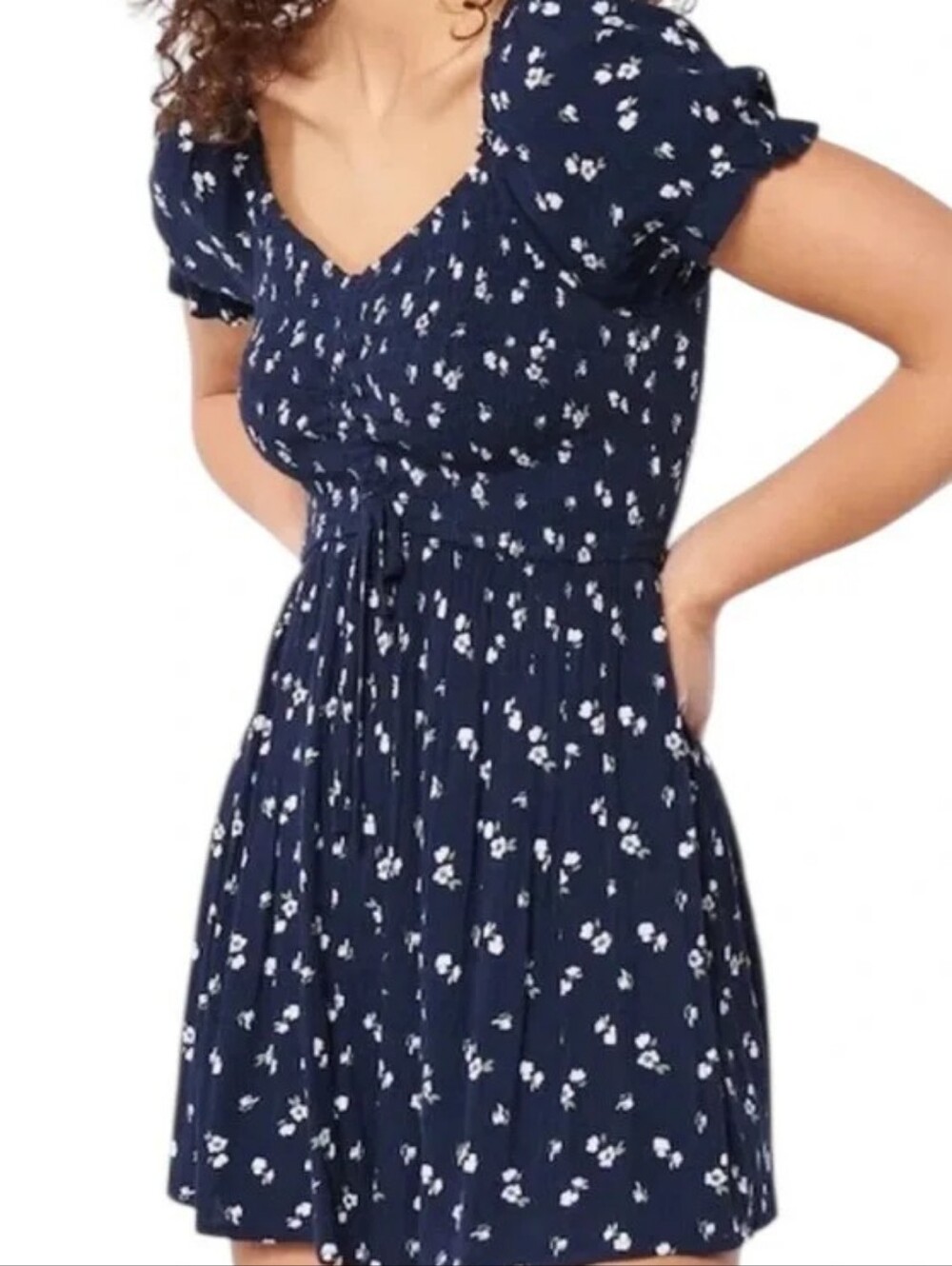 Hollister Navy Blue Floral Smocked Puff-Sleeve Romper Dress
